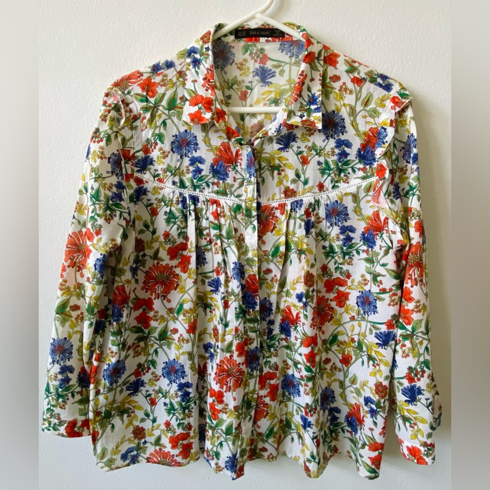 Zara Basic women's multicolor floral button-up sh… - image 1